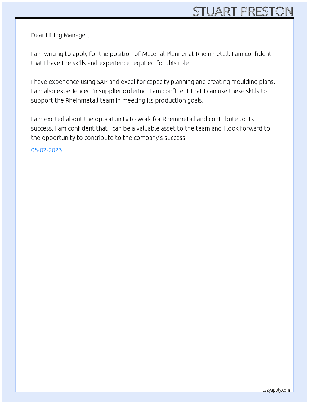 Material Planner At Rheinmetall Cover Letter