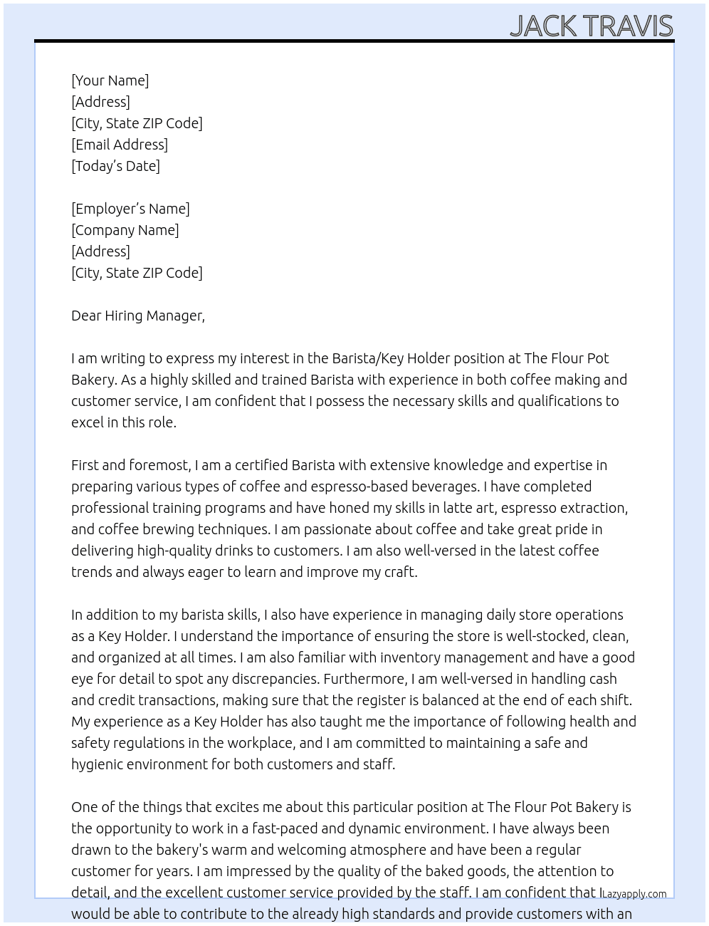 Barista/ Key Holder At The Flour Pot Bakery Cover Letter
