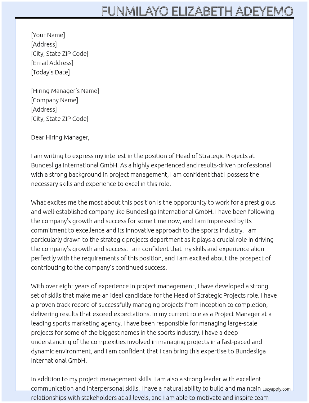 Head of Strategic Projects At Bundesliga International GmbH Cover Letter