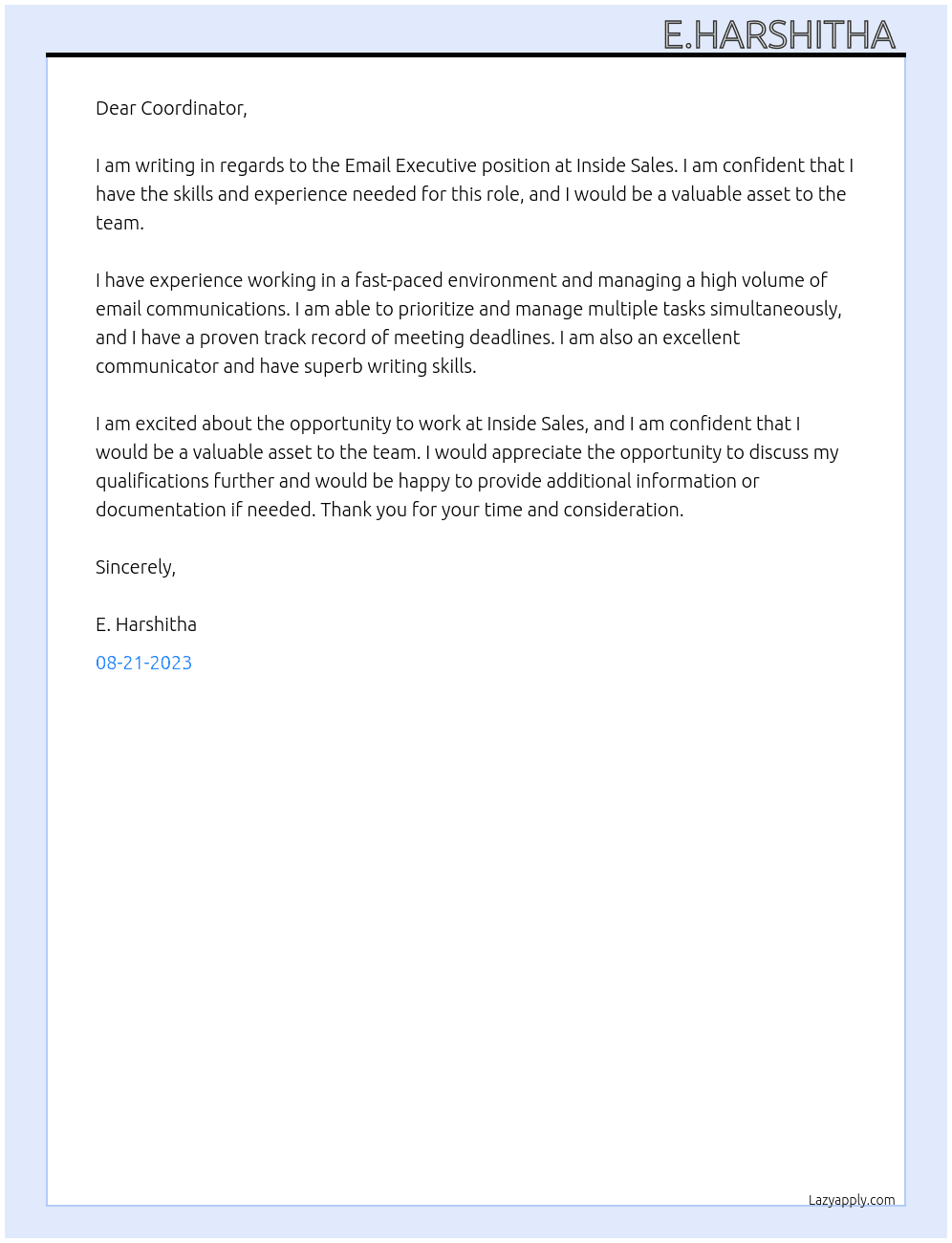 Email Executive  At Inside sales  Cover Letter