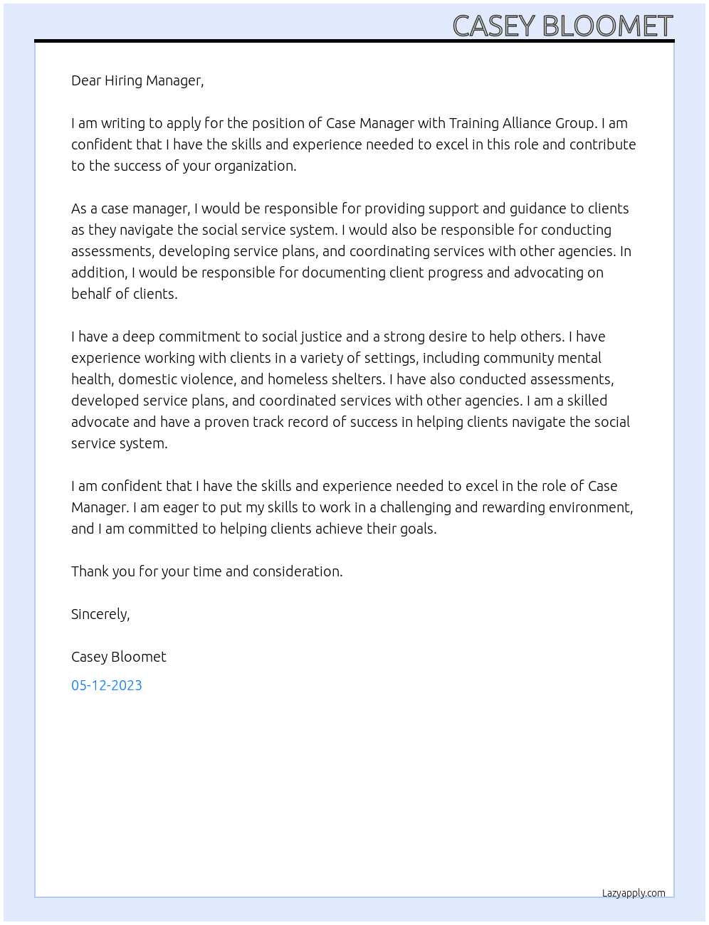 Case Manager  At Training Alliance Group Cover Letter