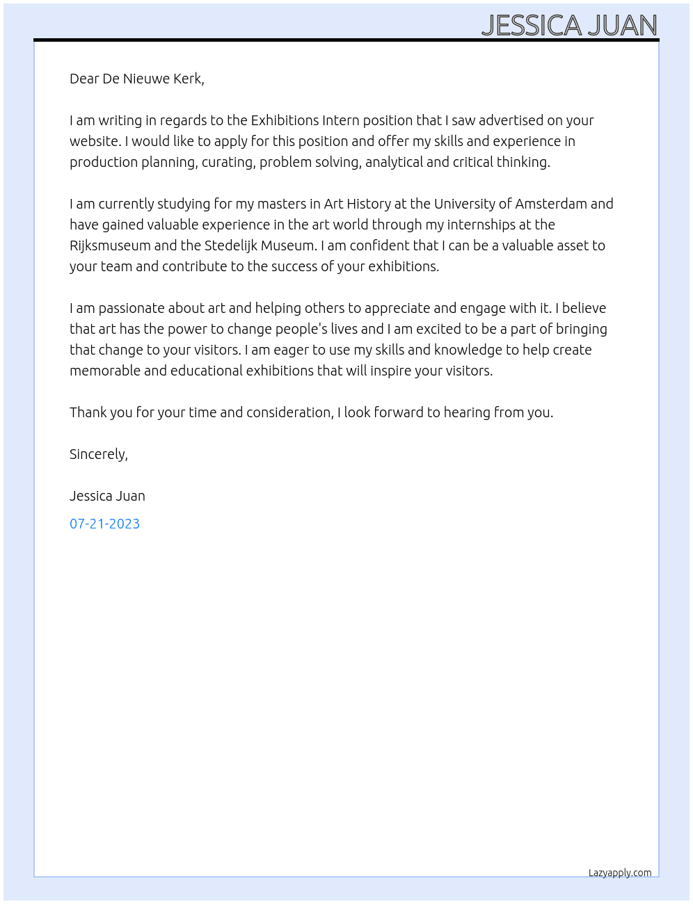 Exhibitions Intern At De Nieuwe Kerk Cover Letter