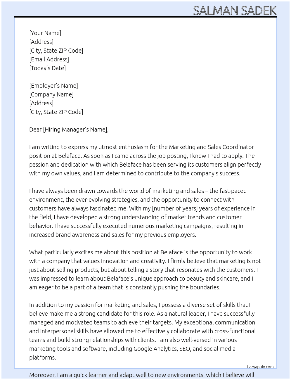  Marketing and Sales Coordinator At Belaface Cover Letter