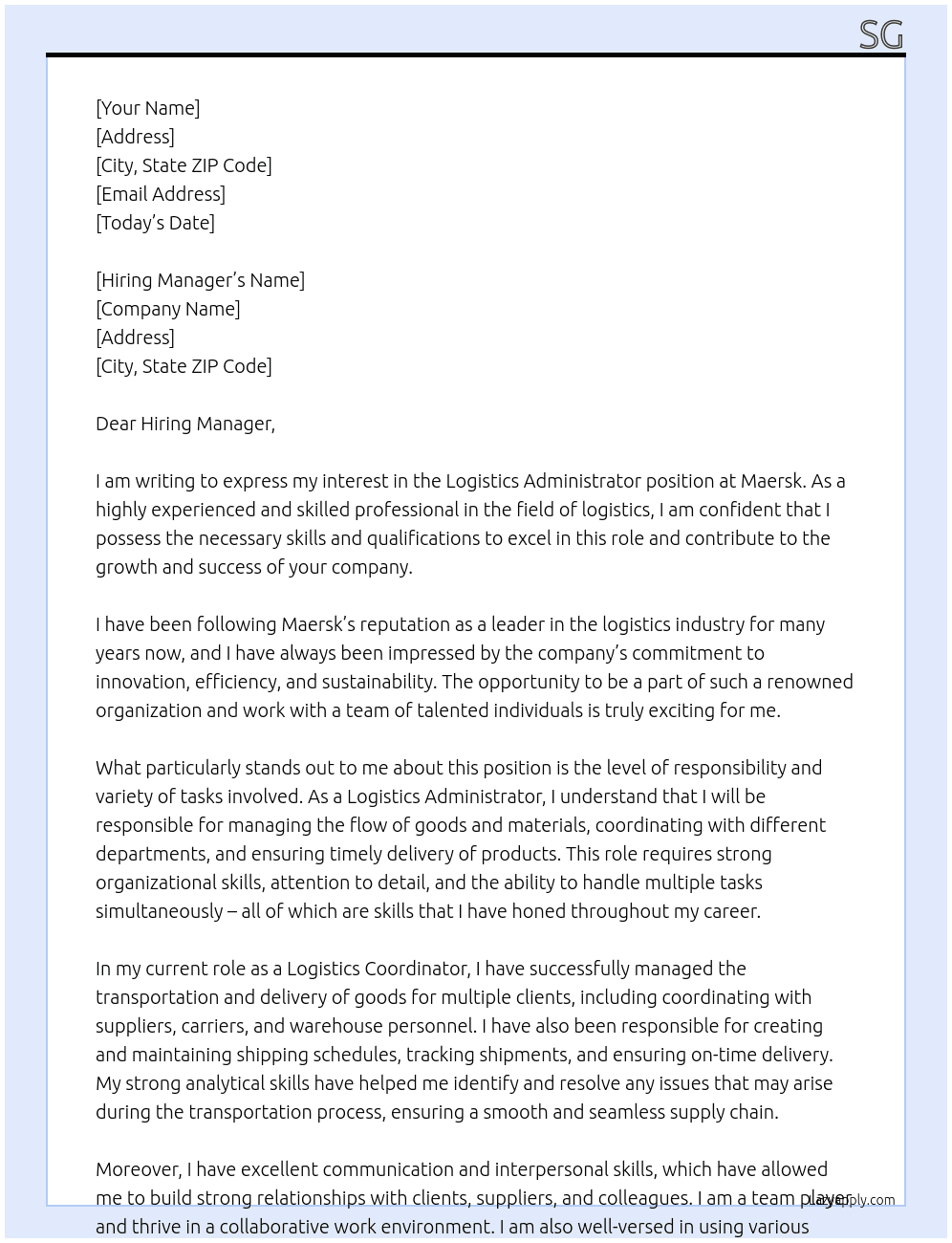 Logistics Administrator At Maersk Cover Letter