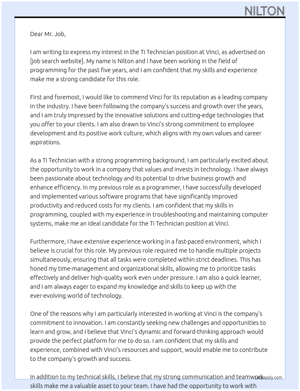 Ti technitian At Vinci Cover Letter