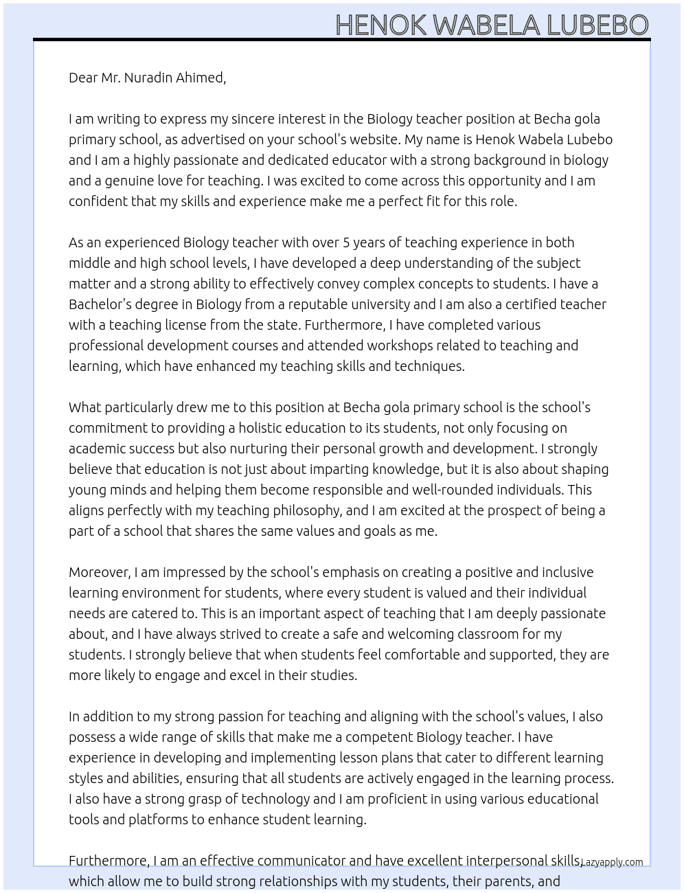 Biology teacher At Becha gola primary school Cover Letter