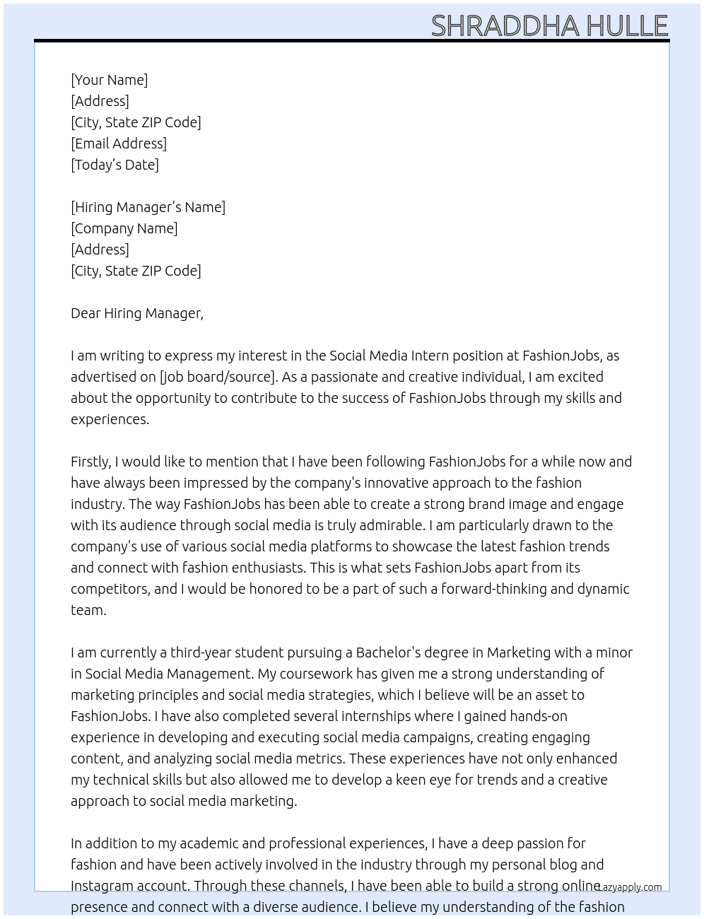 Social Media Intern  At FashionJobs Cover Letter