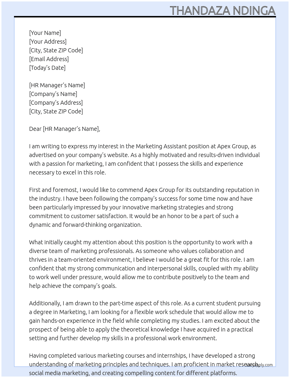 Marketing Assistant  At Apex Group  Cover Letter