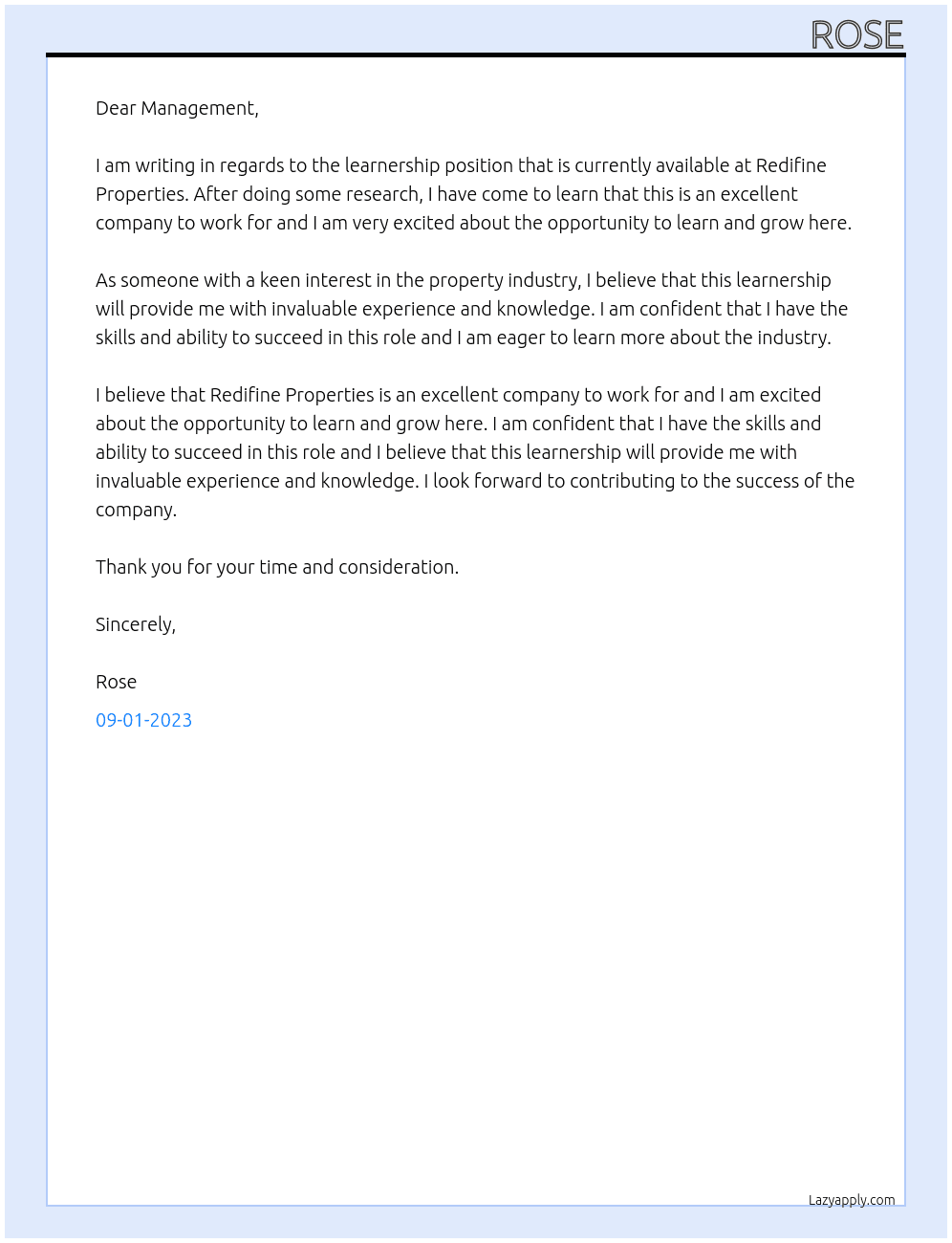 Learnership At Redifine Properties Cover Letter