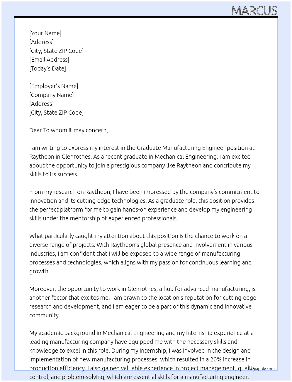 Graduate Manufacturing Engineer At Raytheon Cover Letter