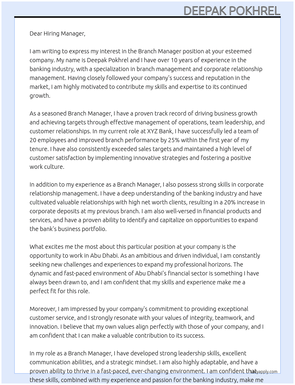 Branch Manager At Branch Manager Cover Letter