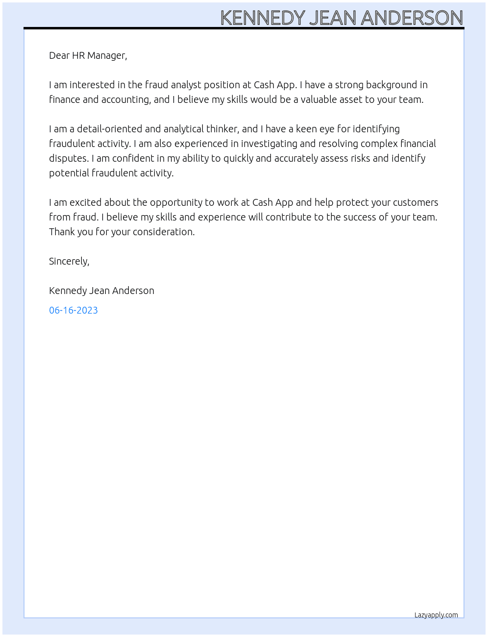 fraud analyst At Cash App Cover Letter