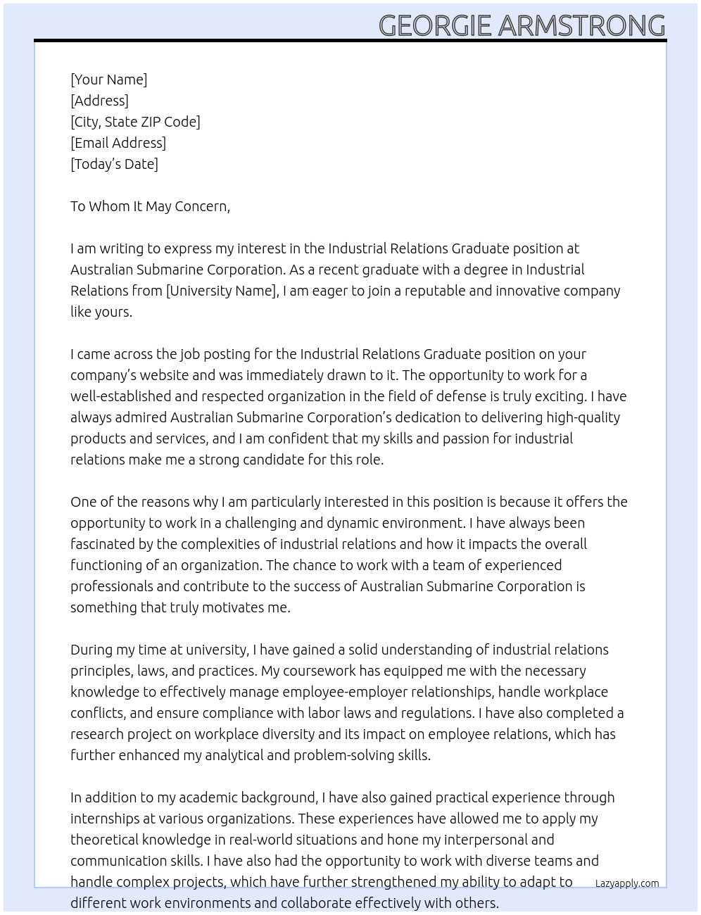 Industrial Relations Graduate  At Australian Submarine Corporation Cover Letter
