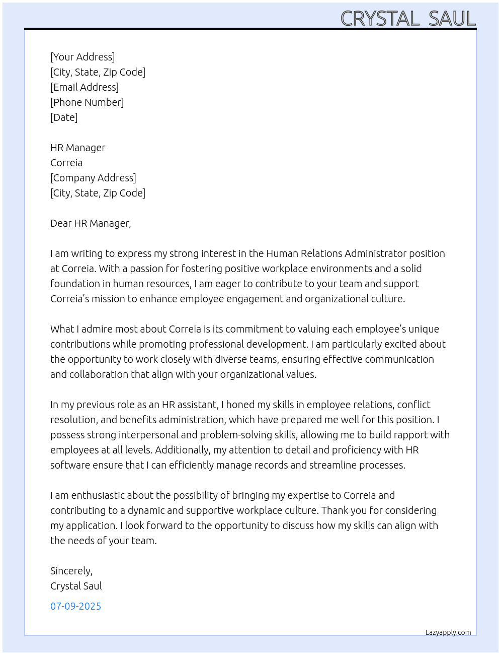 Human relations Administrator  At Correia Cover Letter