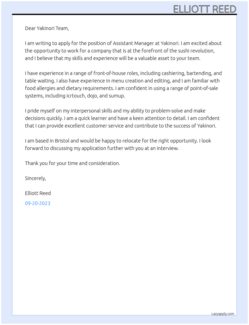 Assistant Manager At Yakinori Cover Letter