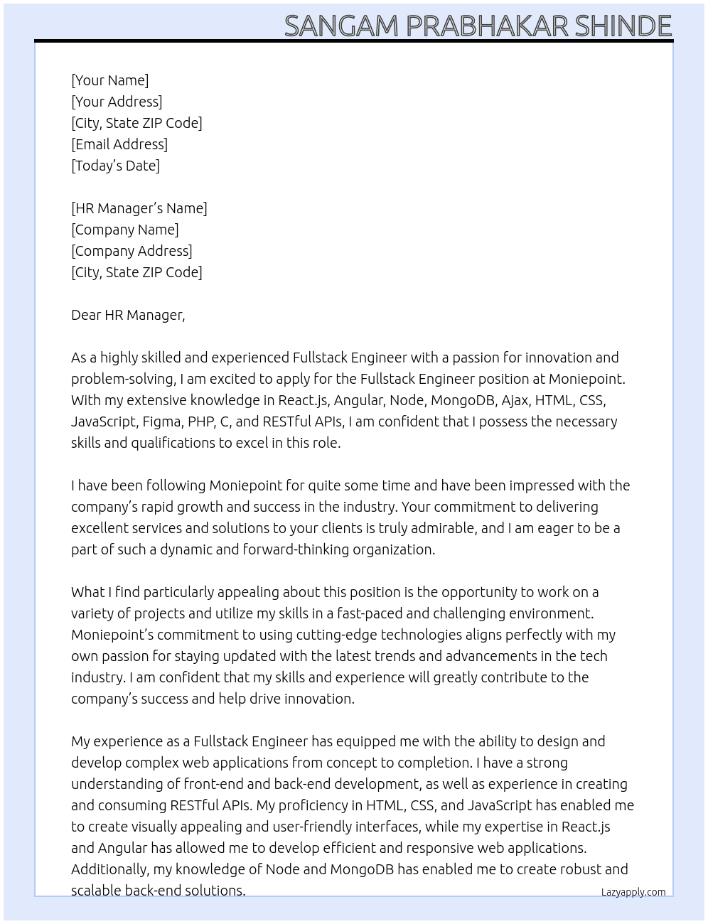 Fullstack Engineer At Moniepoint Cover Letter
