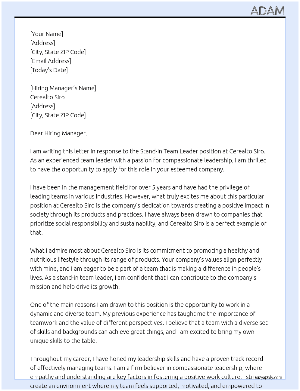 Stand - in team leader At Cerealto Siro Cover Letter