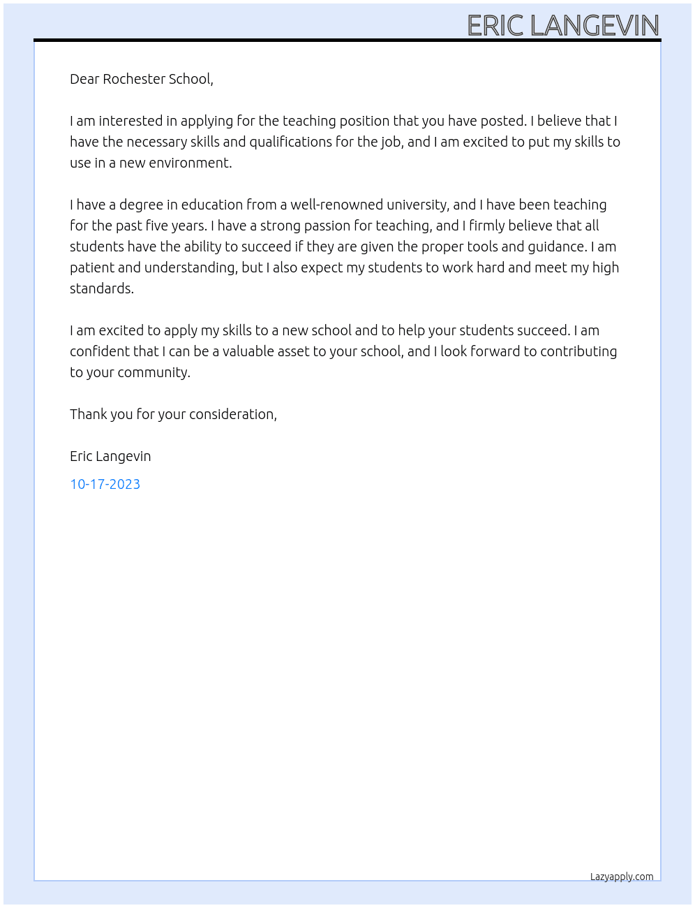 teacher At Rochester School Cover Letter