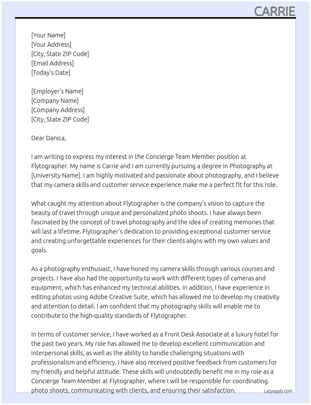 Concierge Team Member At Flytographer Cover Letter