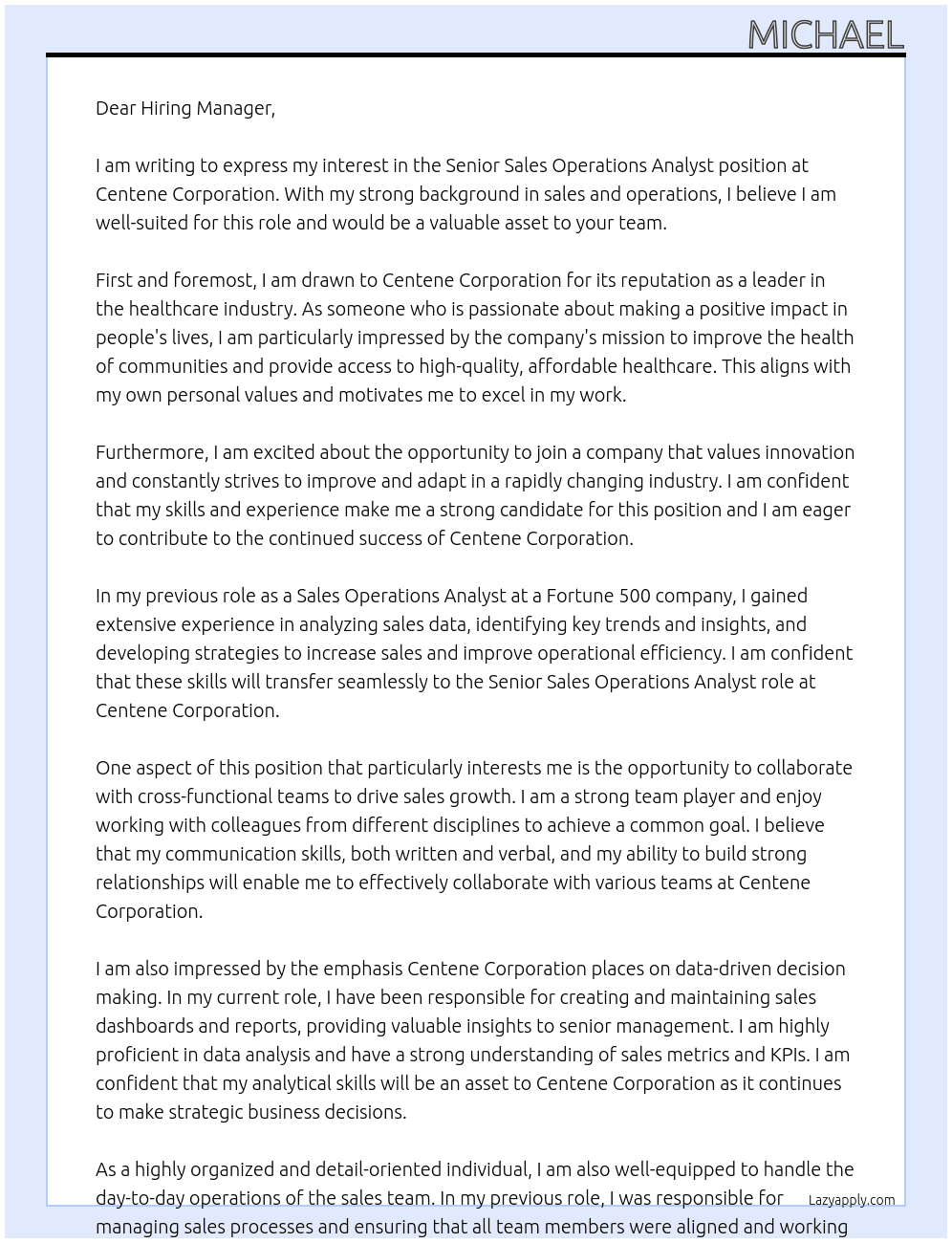 Senior Sales Operations Analyst At Centene Corporation Cover Letter