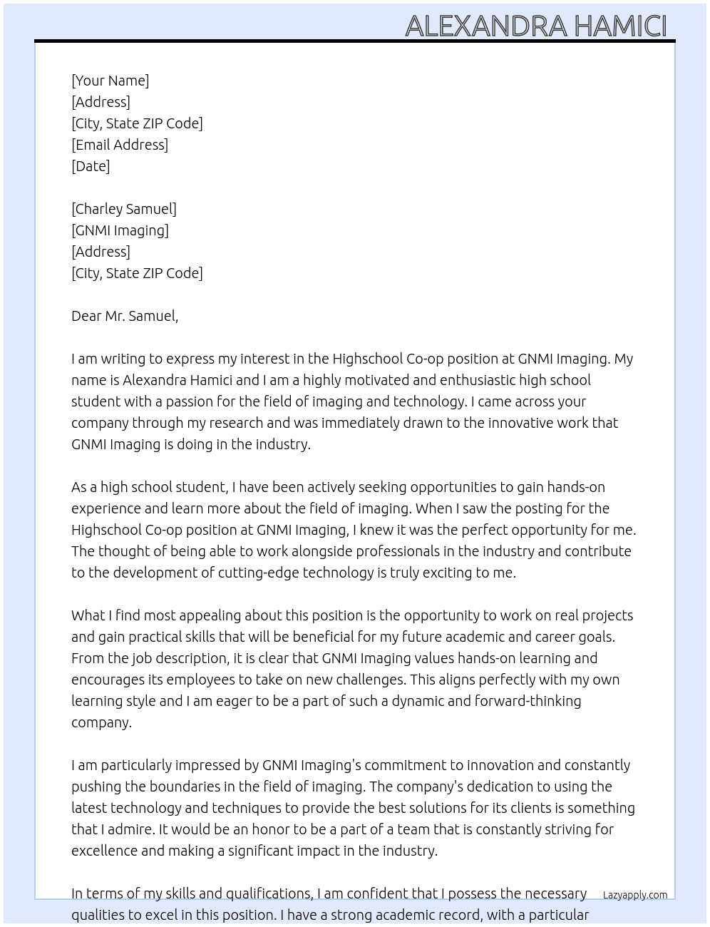 Highschool Co-op At GNMI Imaging Cover Letter