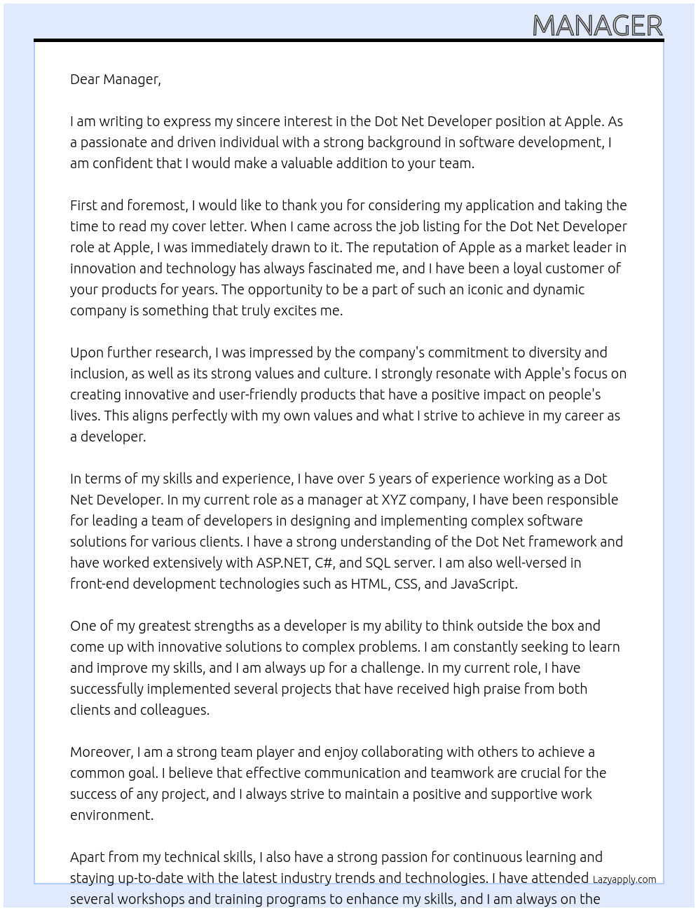 dot net developer At apple Cover Letter