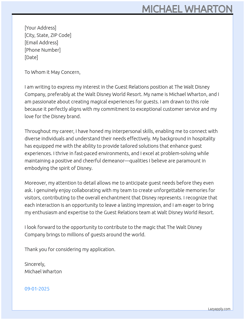 Guest Relations At The Walt Disney Company Cover Letter