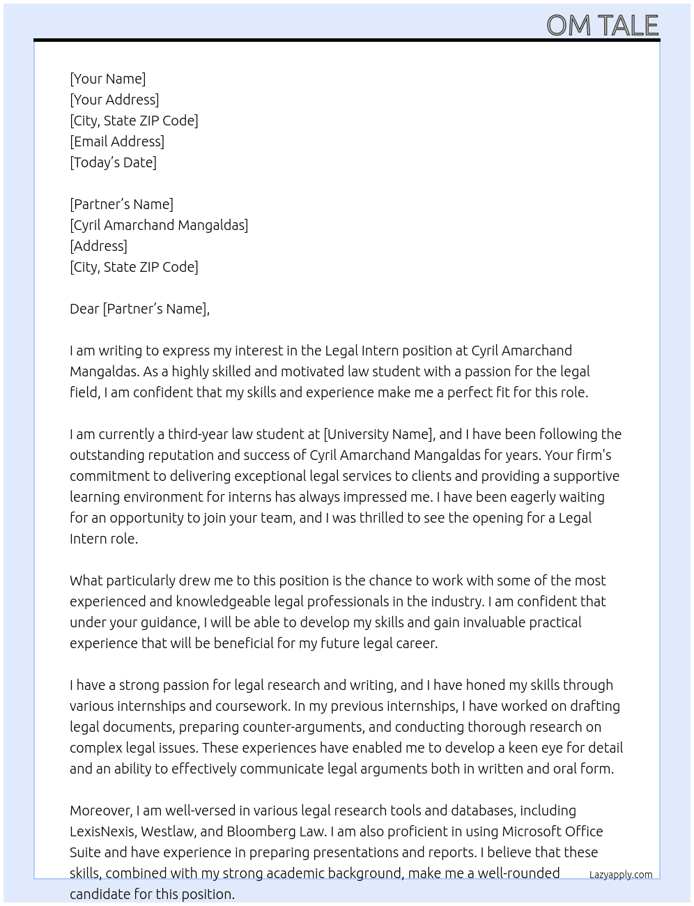 Legal Intern  At Cyril Amarchand Mangaldas  Cover Letter