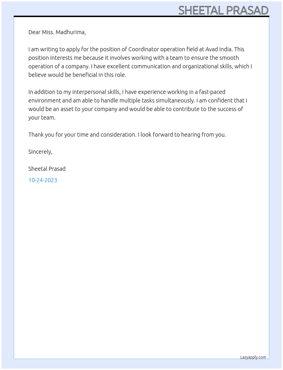 Coordinator operation field At Avad India  Cover Letter
