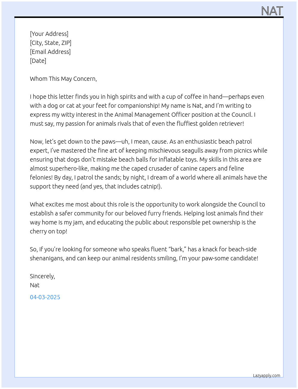 Animal Management Officer At Council Cover Letter