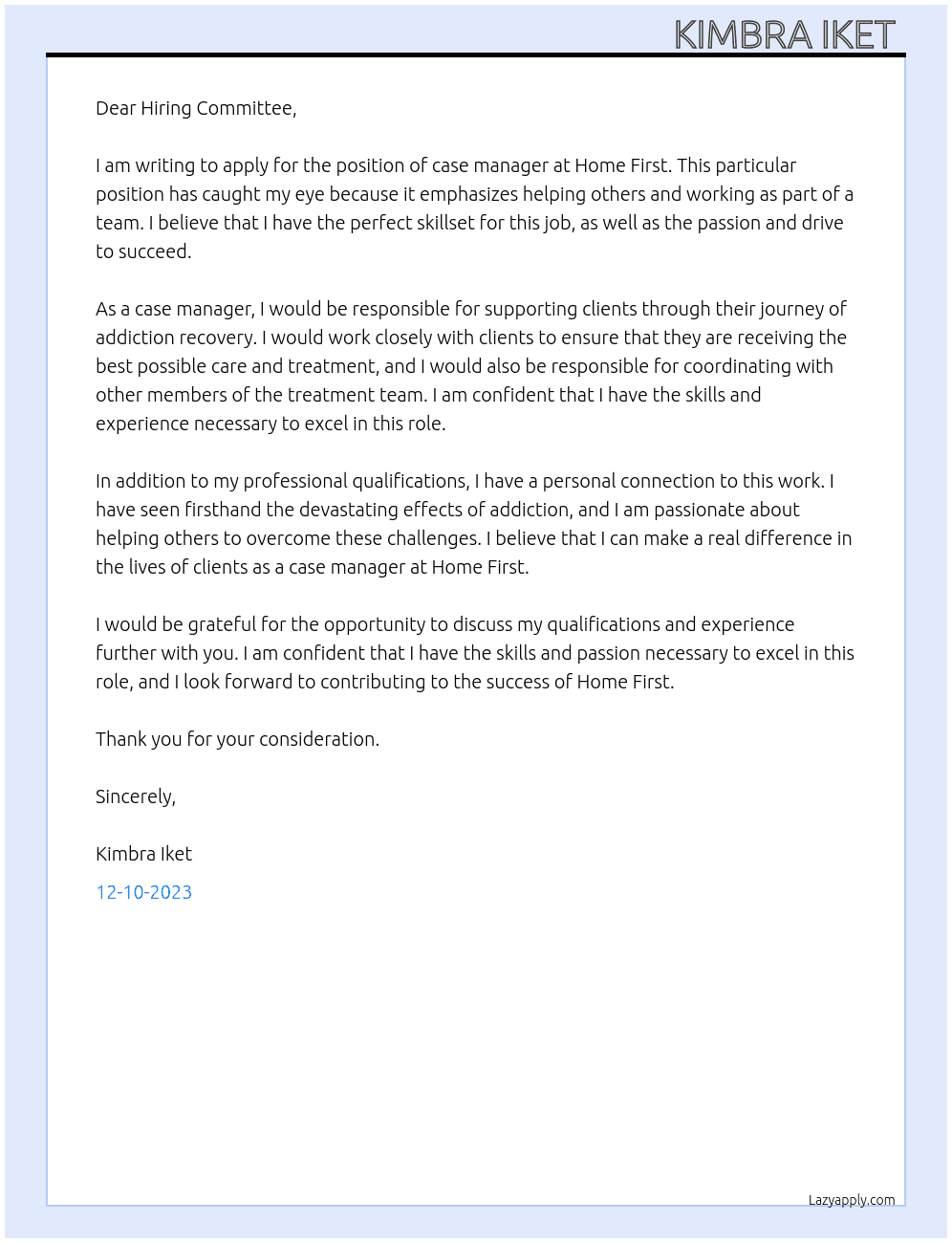 case manager  At Home First Cover Letter