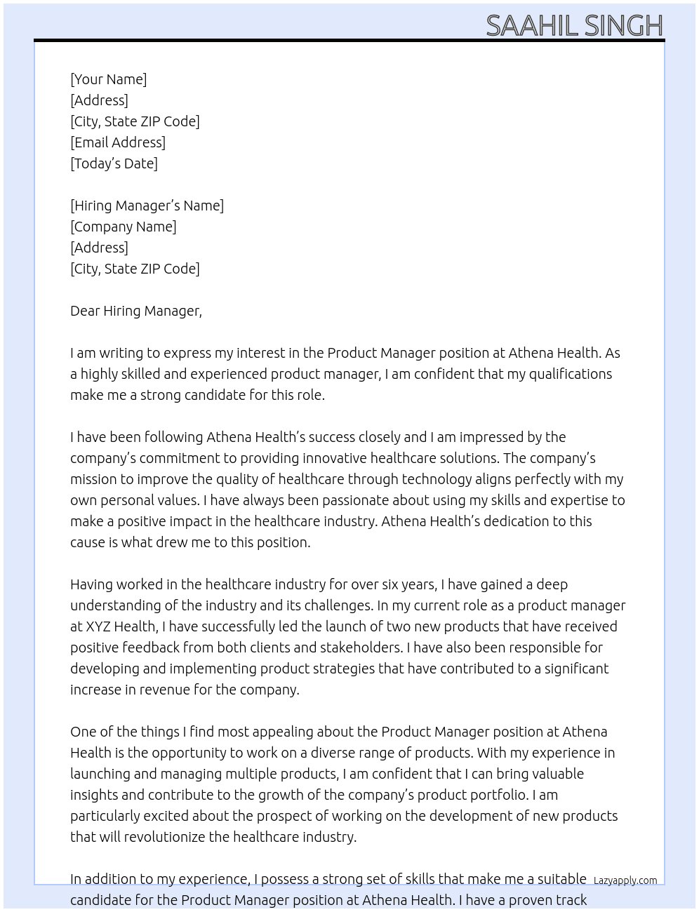 Product Manager  At Athena health Cover Letter