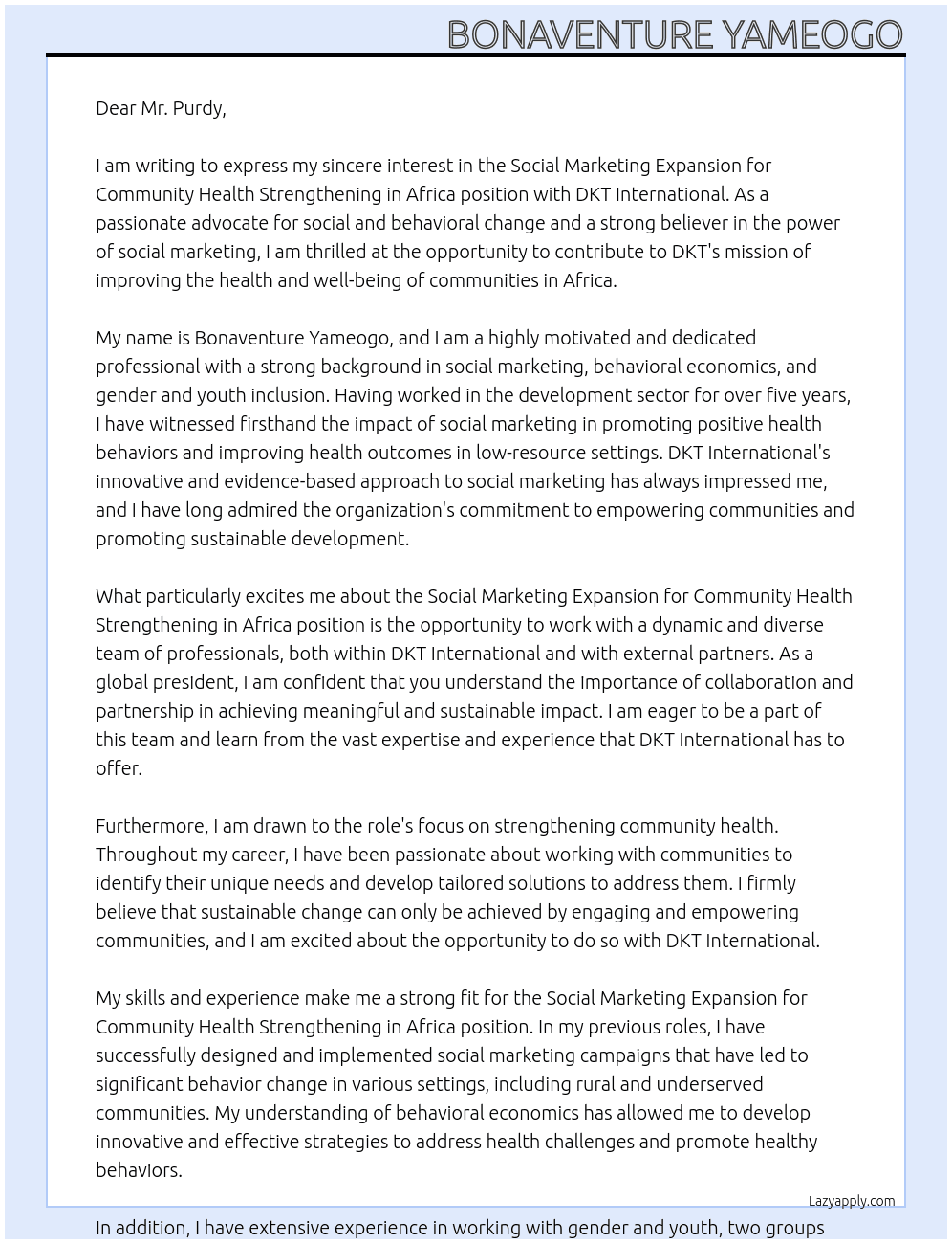 Social Marketing Expansion for Community Health Strenghtenning in Africa At DKT International Cover Letter