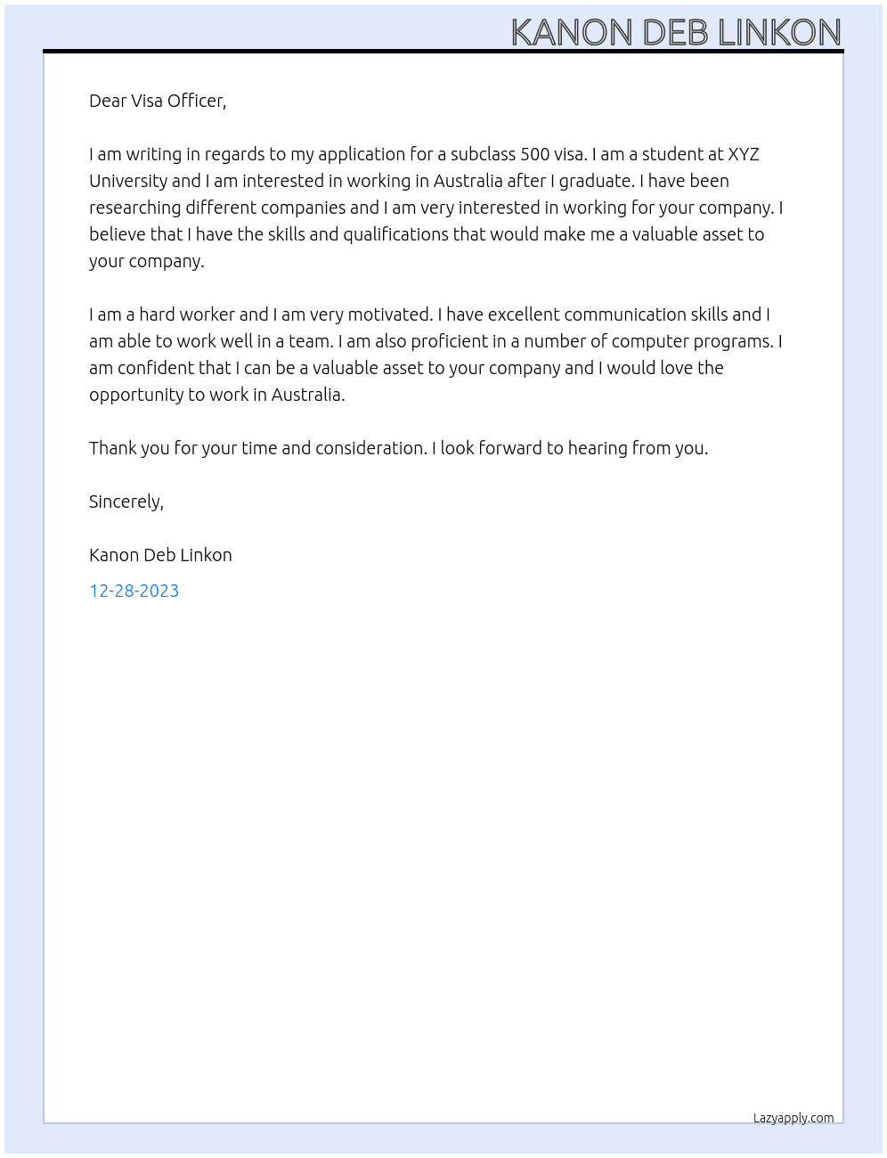 Student  At Application for subclass 500 visa Cover Letter