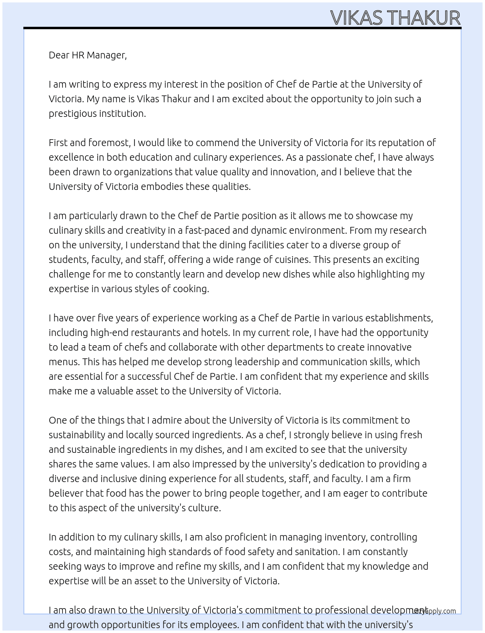 Chef de Partie At University of Victoria Cover Letter