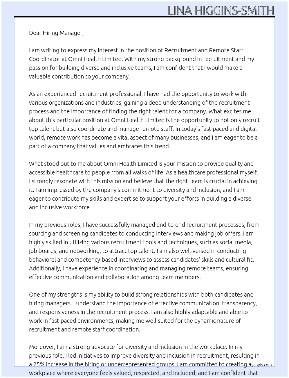 Recruitment and Remote Staff Coordinator At Omni Health Limited Cover Letter