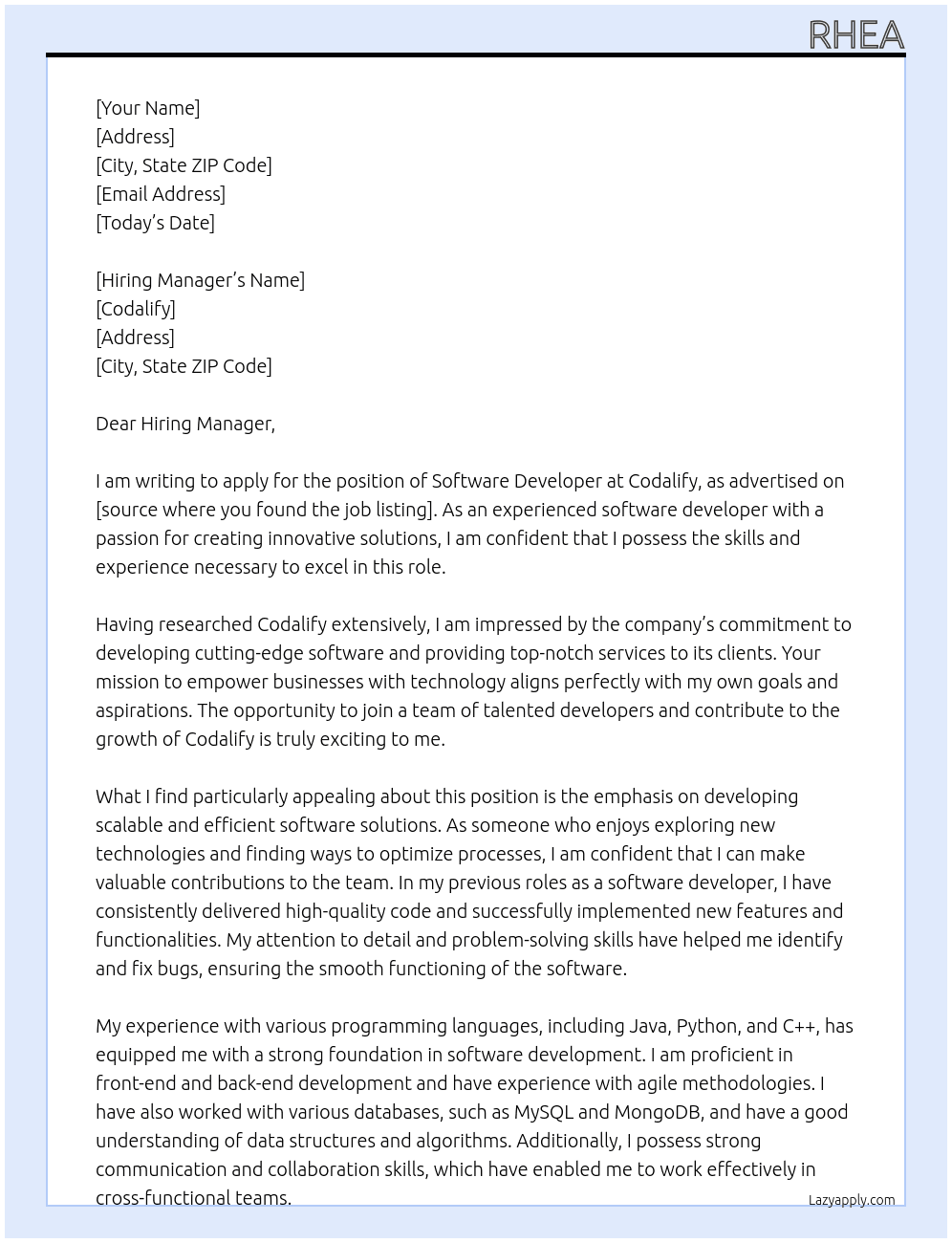 Software Developer At Codalify Cover Letter