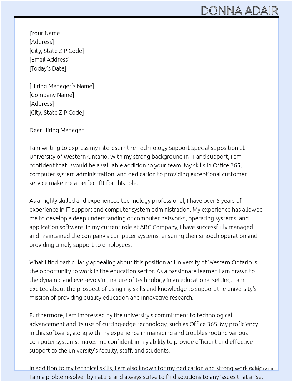 technology support specialist At University of Western Ontario Cover Letter