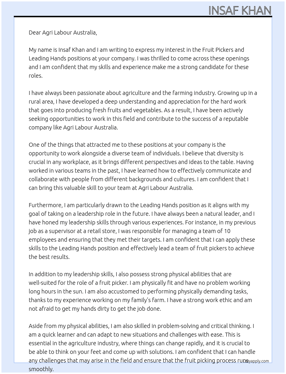 Cover letter for fruit pickers & leading hands - LazyApply