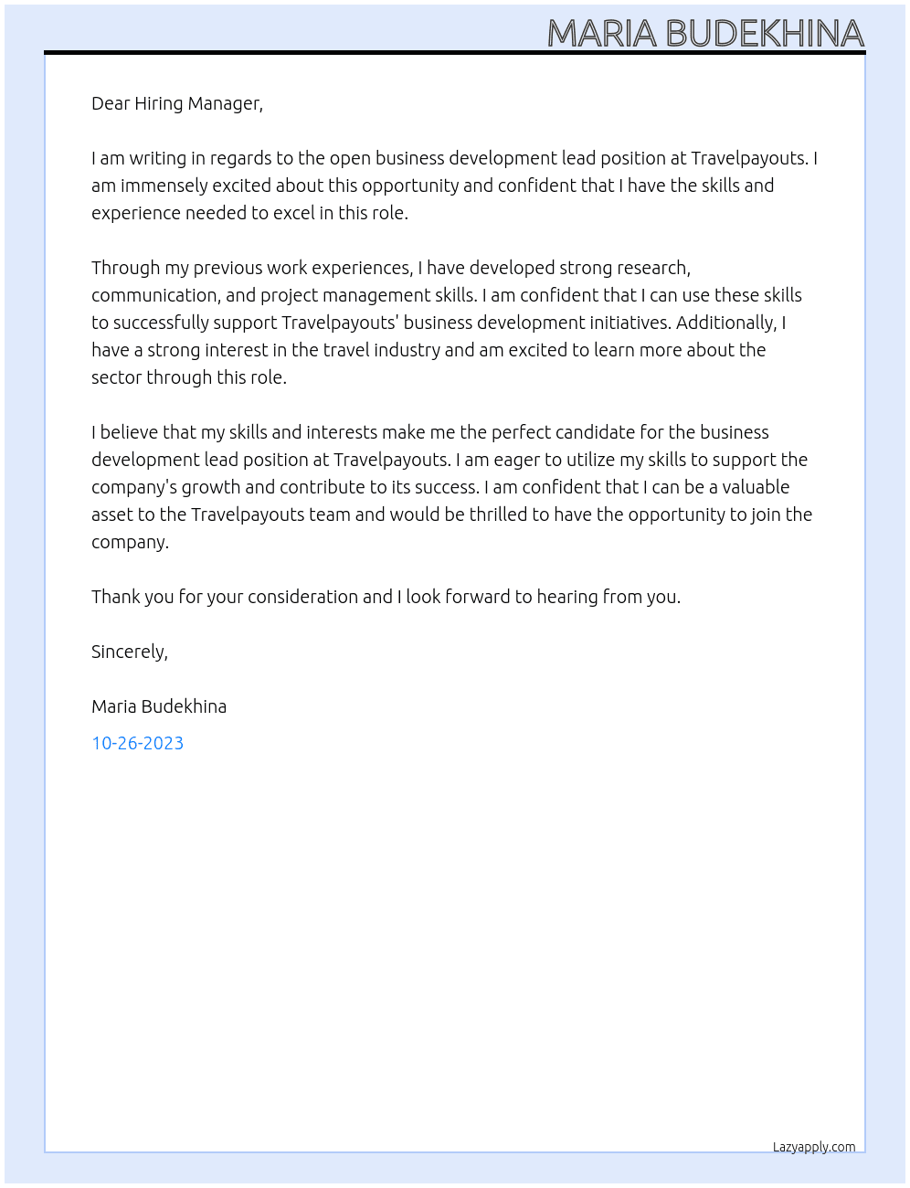Business Development Lead At Travelpayouts Cover Letter