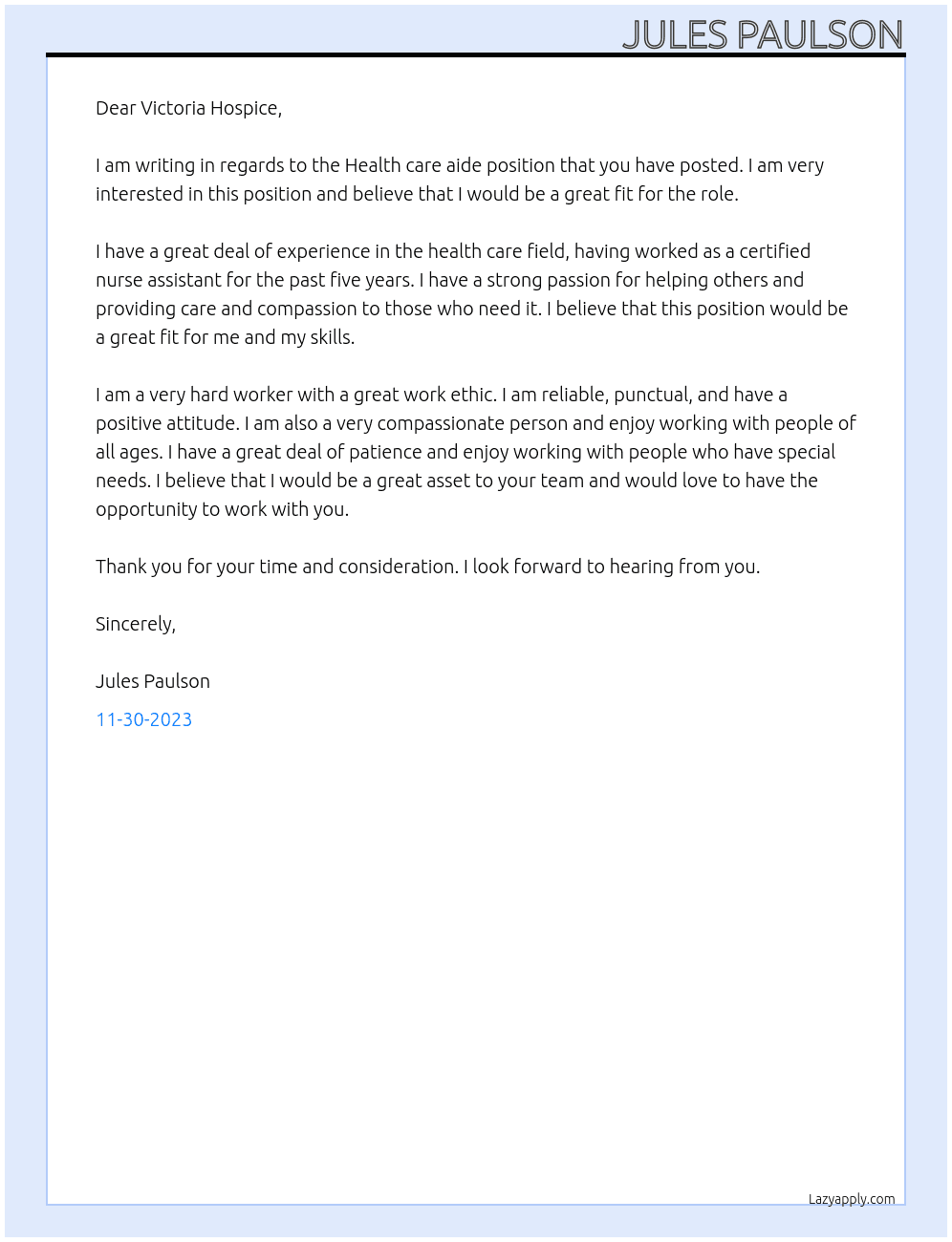 Health care aide At Victoria Hospice Cover Letter