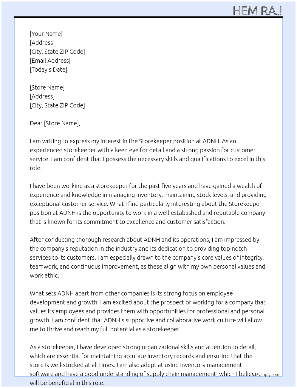 storekeeper At ADNH Cover Letter