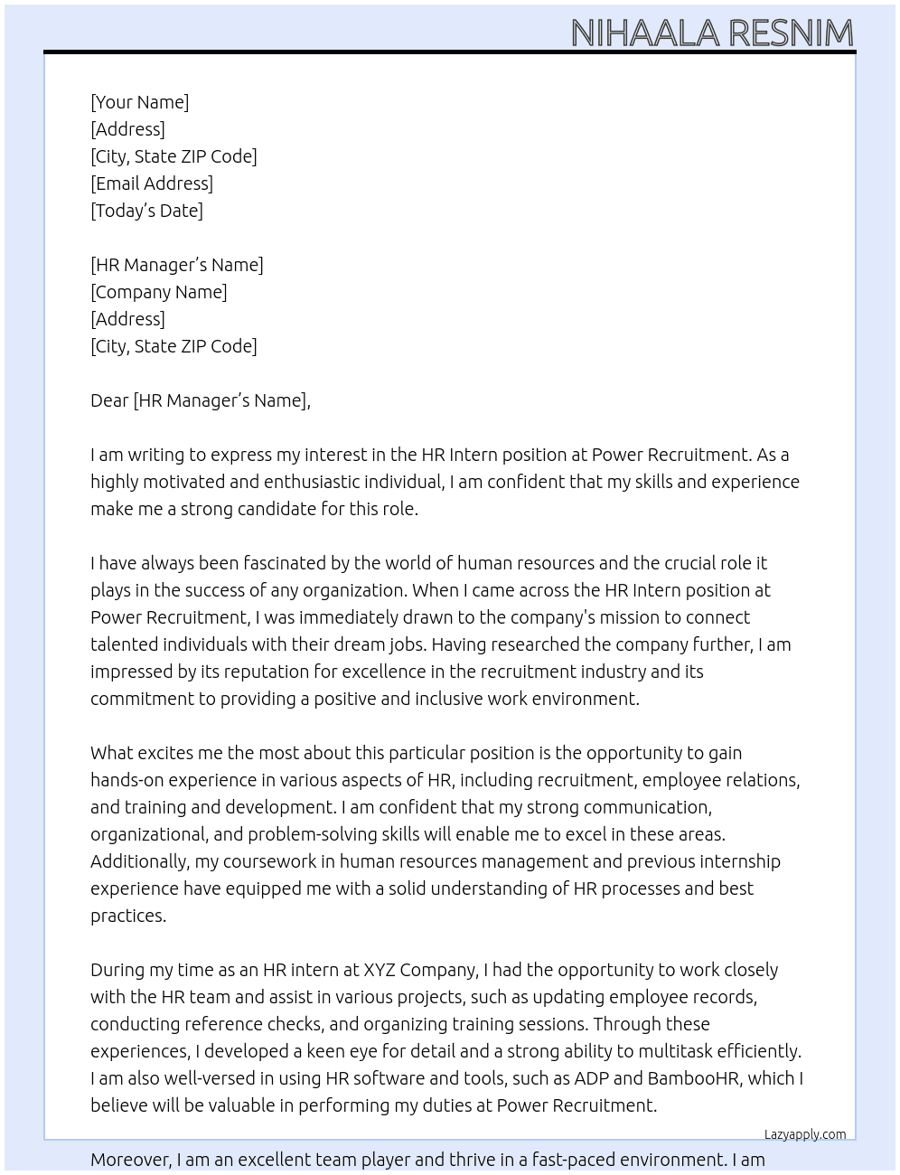 HR Intern At Power Recruitment Cover Letter