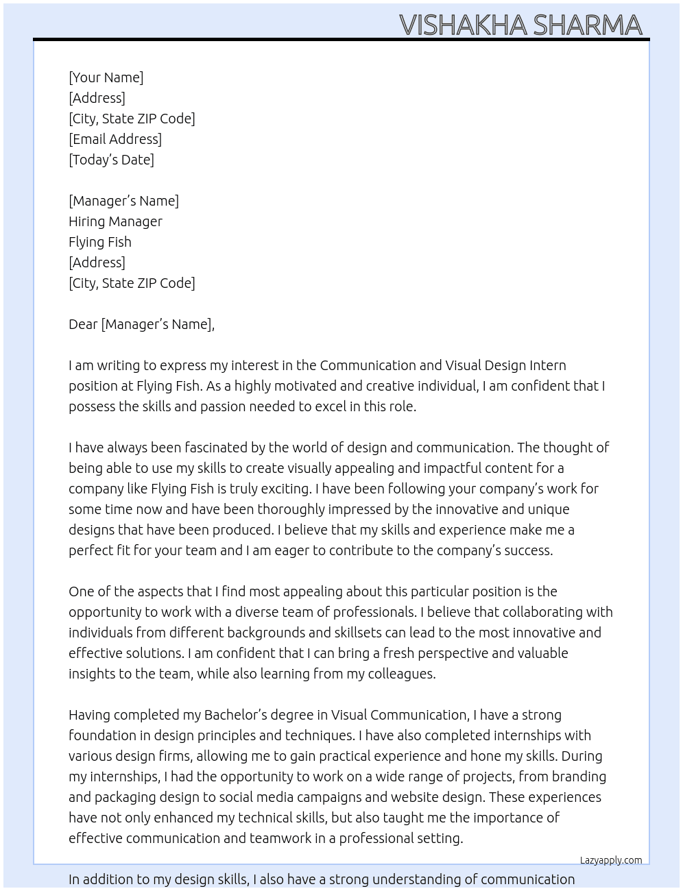 Communication and Visual Design Intern  At Flying Fish Cover Letter