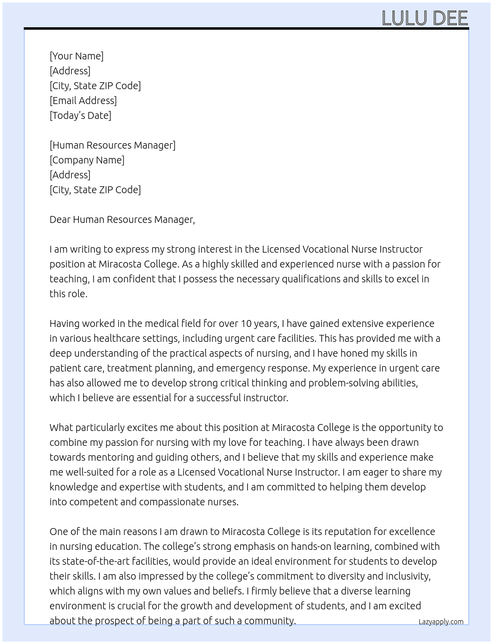 Licensed Vocational Nurse Instructor  At Miracosta College  Cover Letter