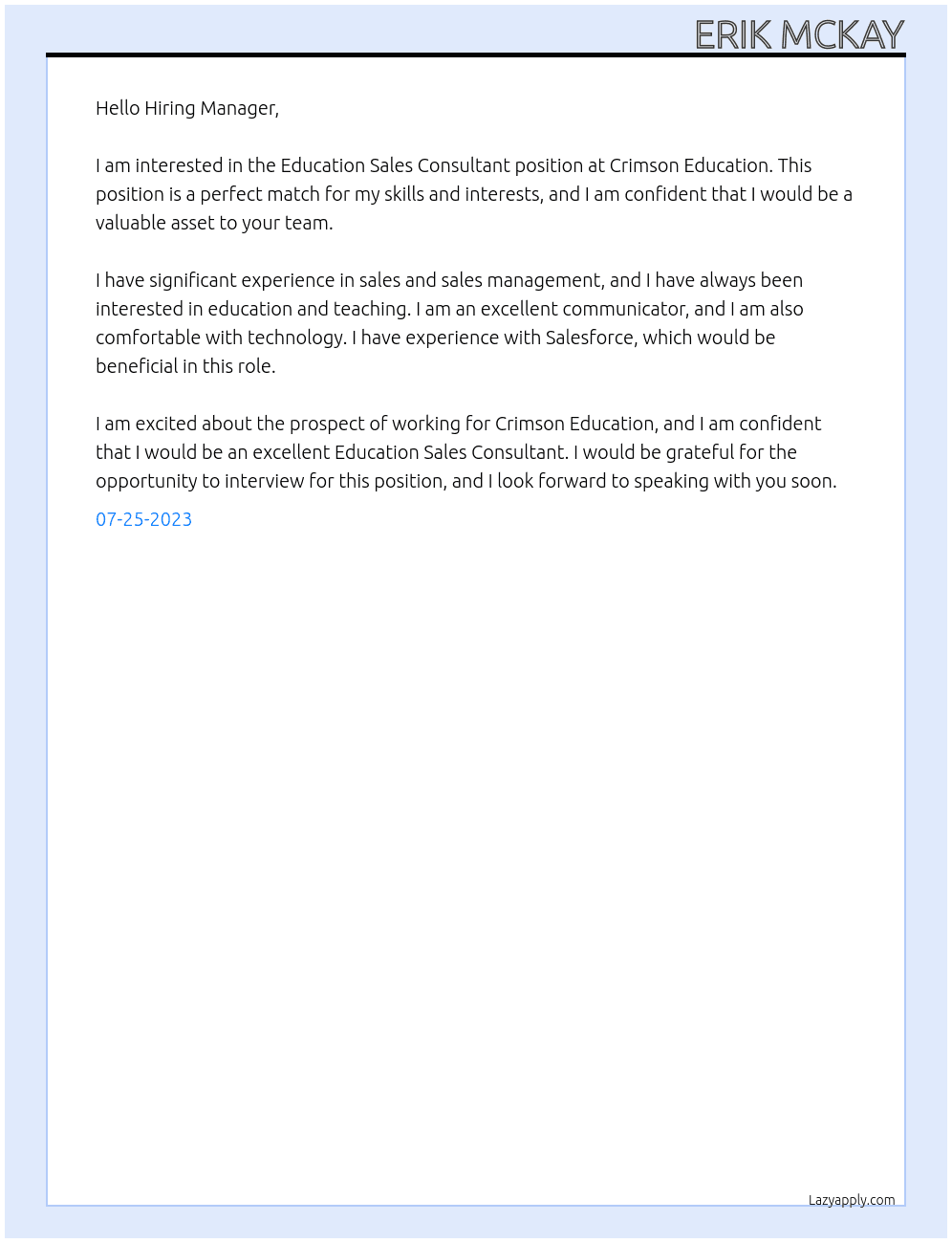 Education Sales Consultant At Crimson Education Cover Letter