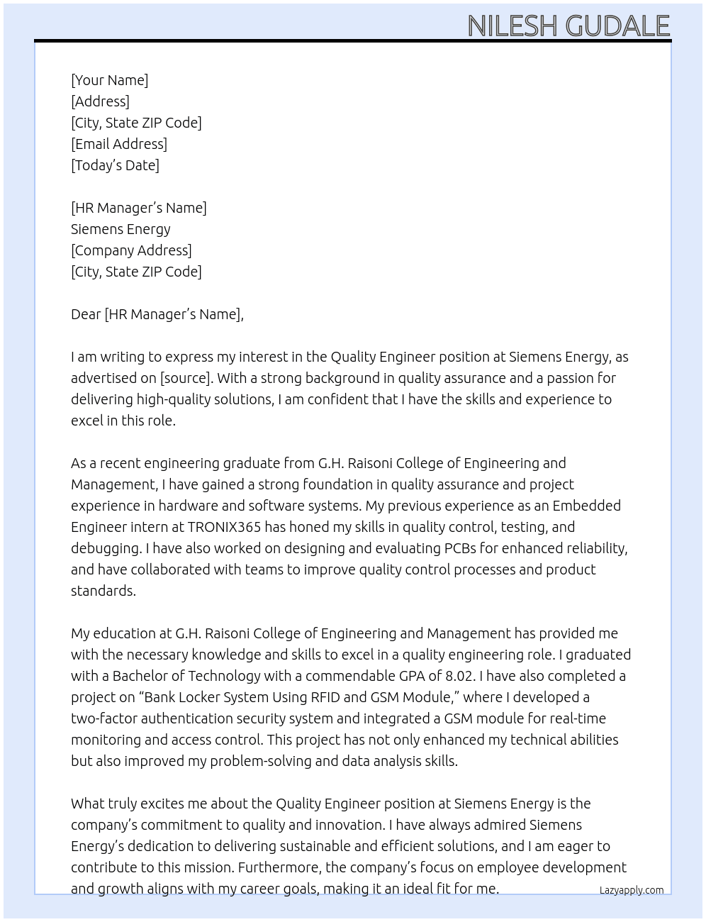 Quality Engineer At SIEMENS ENERGY Cover Letter