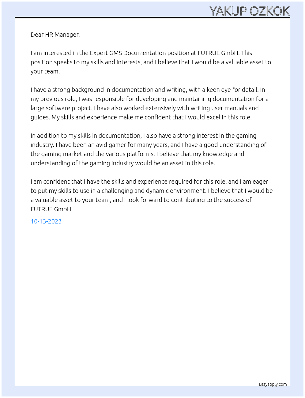 Expert GMS Documentation At FUTRUE GmbH Cover Letter