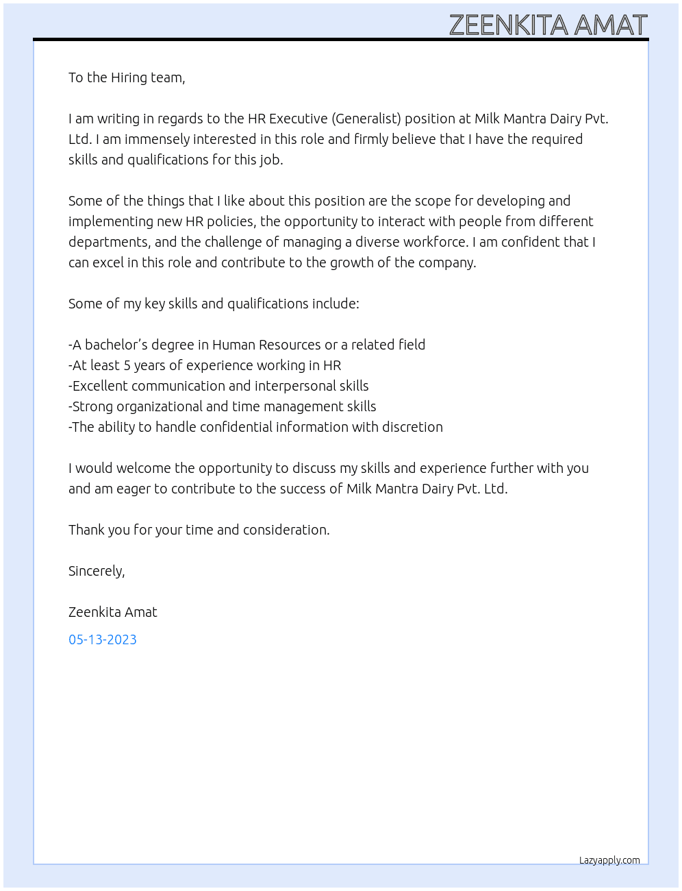 HR Executive (GeneraHR Executive (Generalist)list) At Milk Mantra Dairy Pvt. Ltd Cover Letter