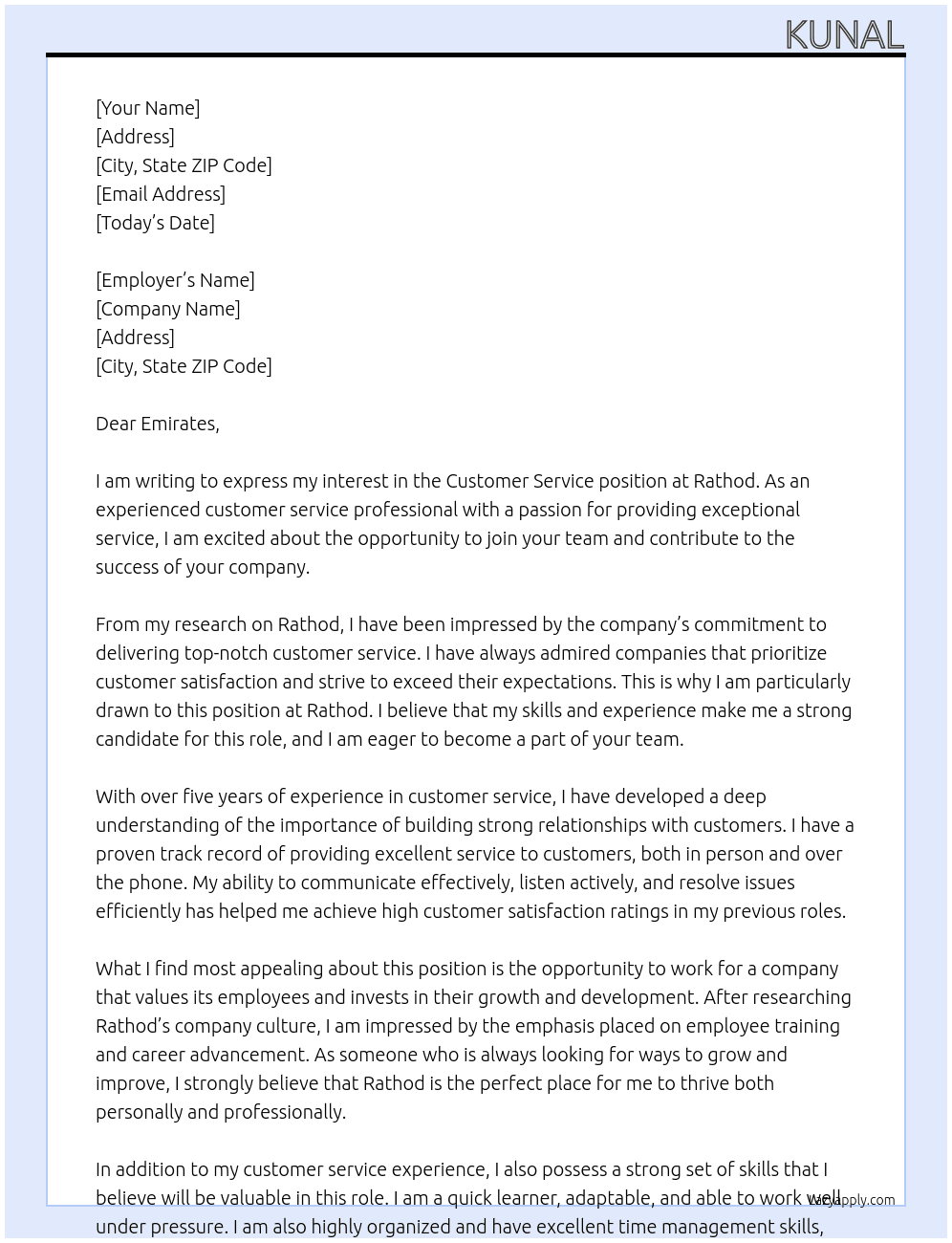 Customer Service At Rathod Cover Letter